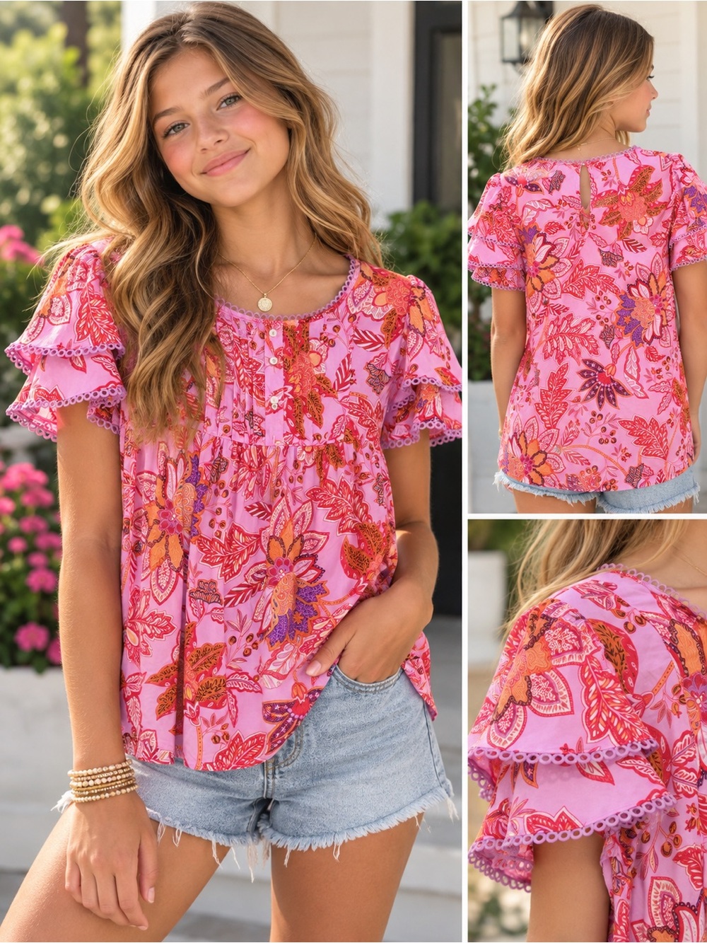 Rose & Olive Pink Floral Ruffle-Sleeve Blouse